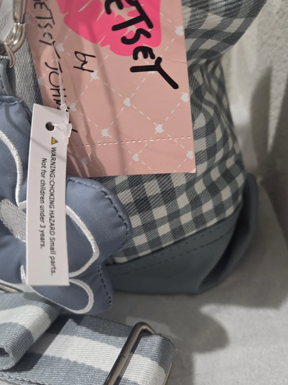 Betsey Johnson Light Blue Gingham Tote with Flower Charm
